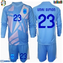 Camisa de Futebol Espanha Unai Simon #23 Goleiro Equipamento Principal Infantil Europeu 2024 Manga Comprida (+ Calças curtas)